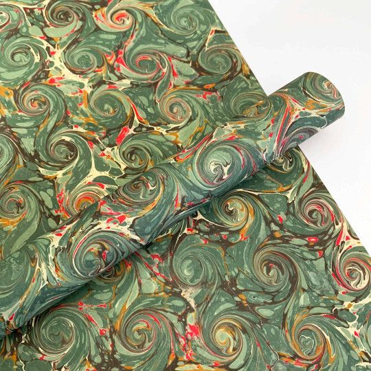 Hand Marbled Paper French Curl Pattern in Green and Red ~ Berretti Marbled Arts